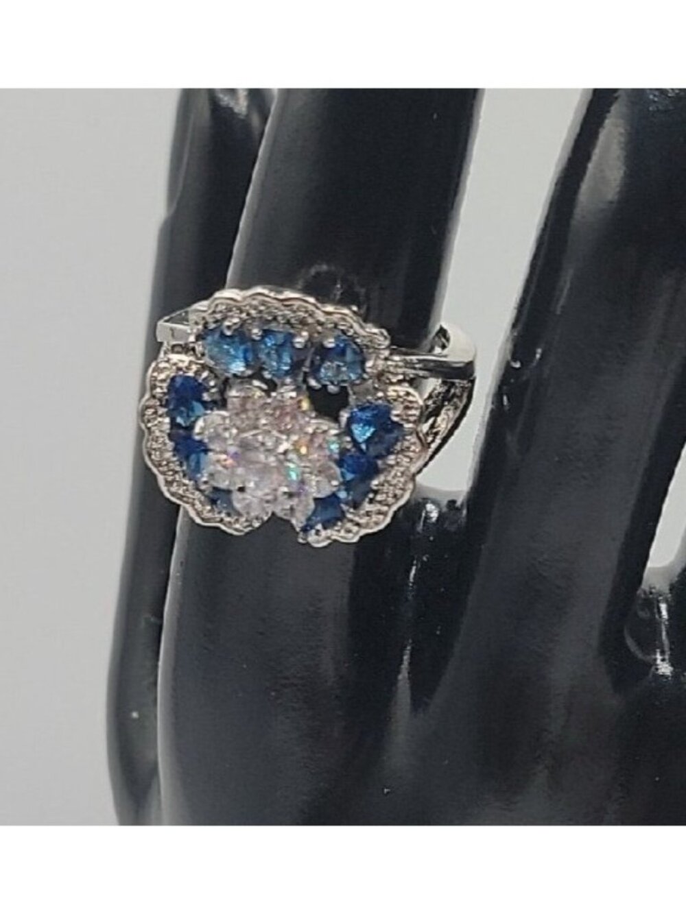 Sterling Silver Crystal Flower Ring Blue Clear Stones 925 Ruffled Petals SZ 9 - Picture 10 of 16